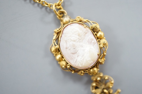 A 9ct and cameo shell set drop pendant necklace, 70cm, gross weight 10.9 grams.